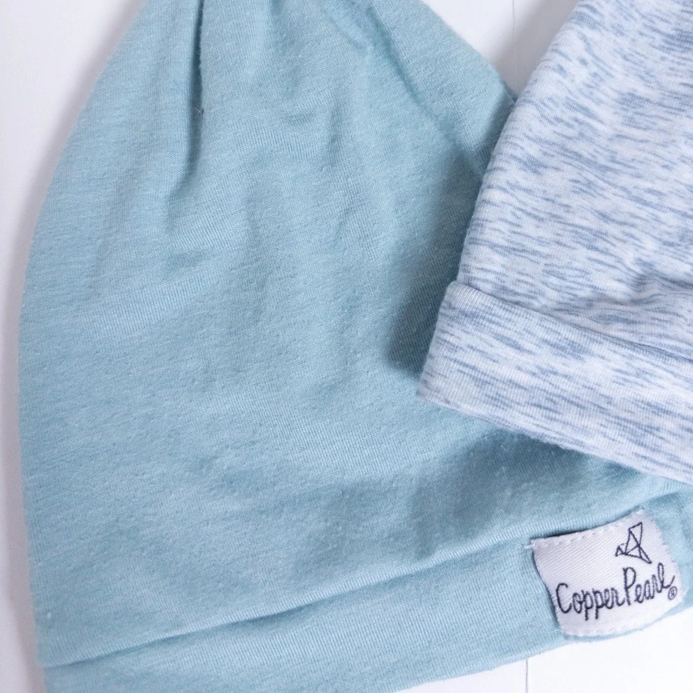 Copper Pearl Top Knot Hat Blue Heathered 2-Piece Set Newborn